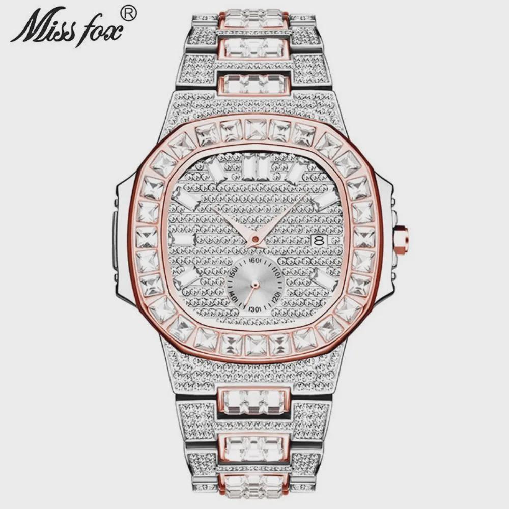 Hip Hop Iced Out Mens Watch Diamond Paved Analog Quartz Watch Waterproof Stainless Steel Luxury Wristwatch