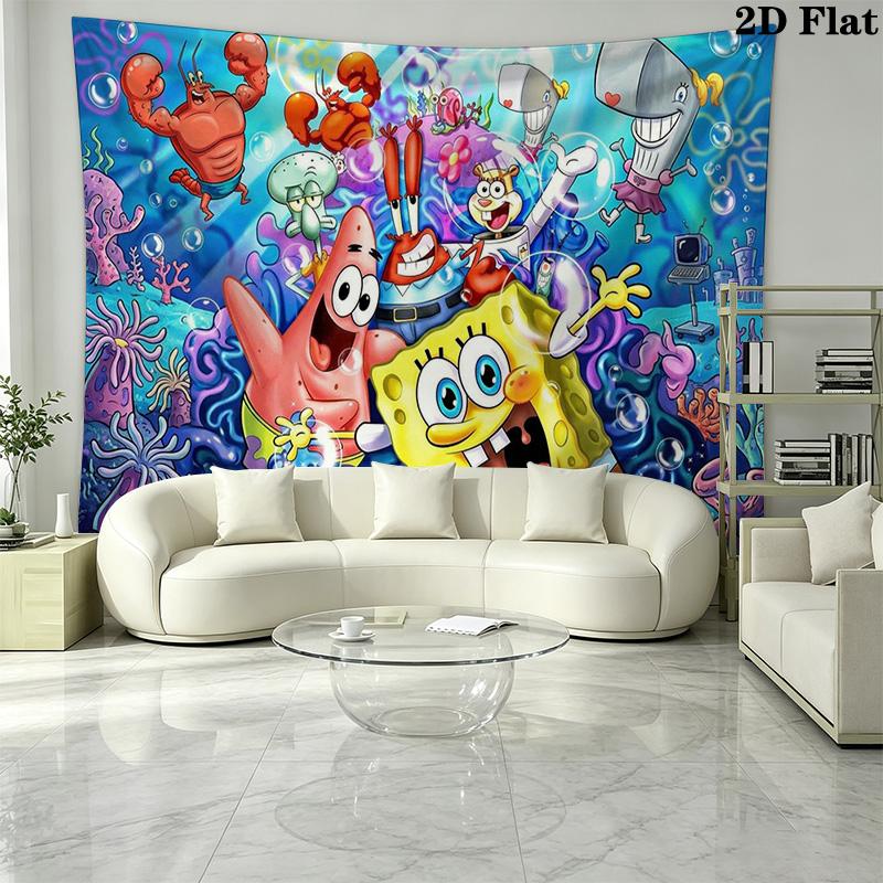 Yellow Sponge Cartoon Wall Tapestry Aesthetic Wall Hanging Printed Fabric Blanket Decorative Tapestries for Bedroom Living Room Home Decor