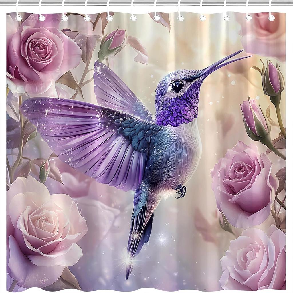Hummingbird Flower Shower Curtain Spring Purple Rose Floral Birds Tropical Animal Rustic Nature Fantasy Garden Elegant Women