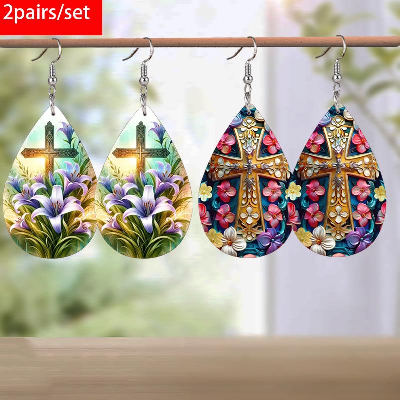 

2 пары/набор красочные серьги из ПУ кожи с узором креста и лилий, пасхальные серьги, женские элегантные модные серьги-капли, подарок для праздничной вечеринки