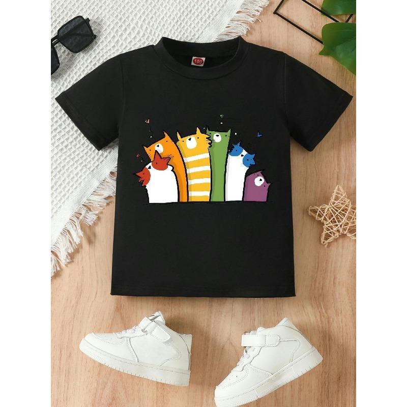 

European sizes Whimsical and Cute Colorful Kitten Print Pattern. Girls Short-sleeve Round-neck T-shirt, Available in Black and White, Regular Fit 98cm чёрный