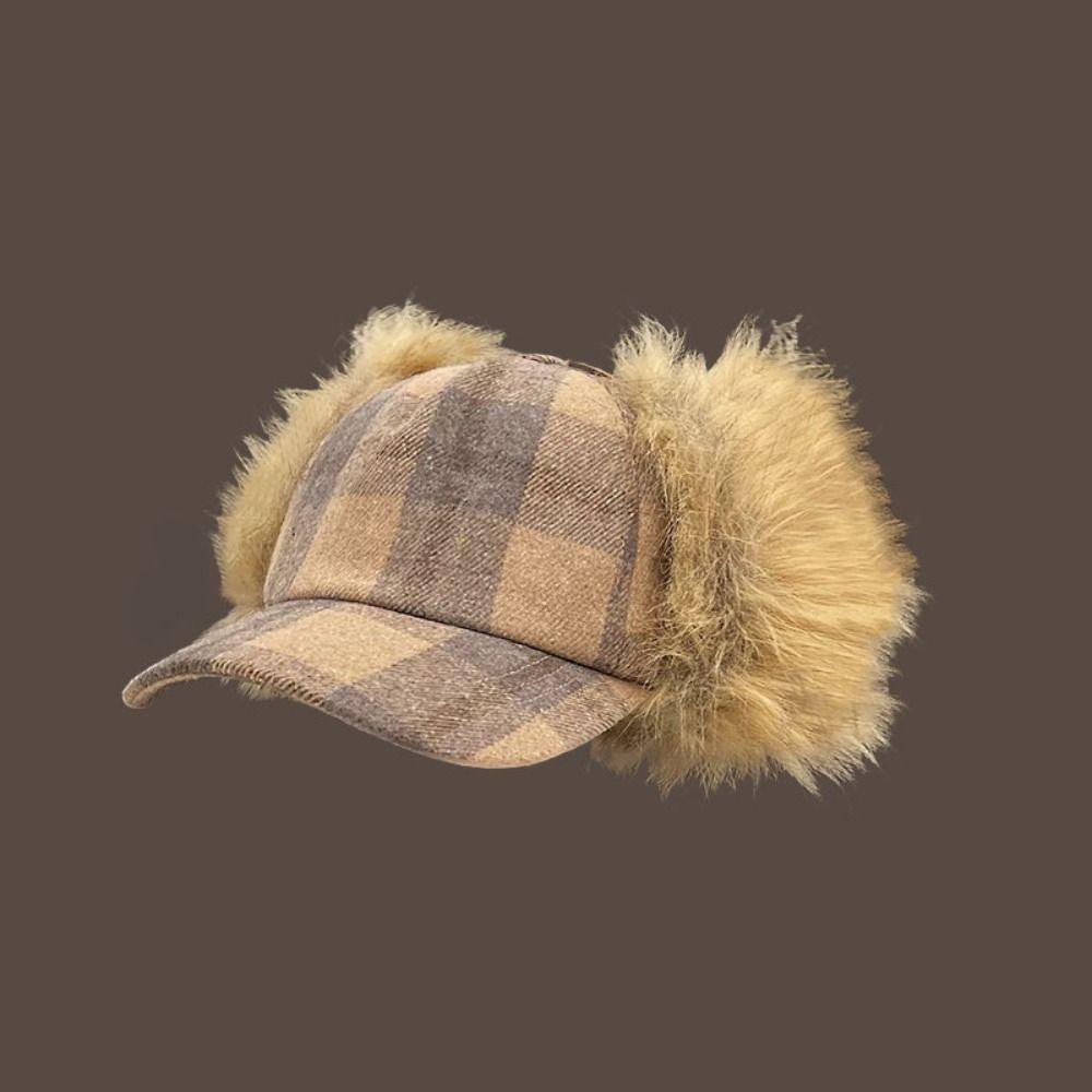Faux Fur Pilot Hat Plaid Pattern Ear Protection Caps Fashion Bomber Cap Winter Outdoor
