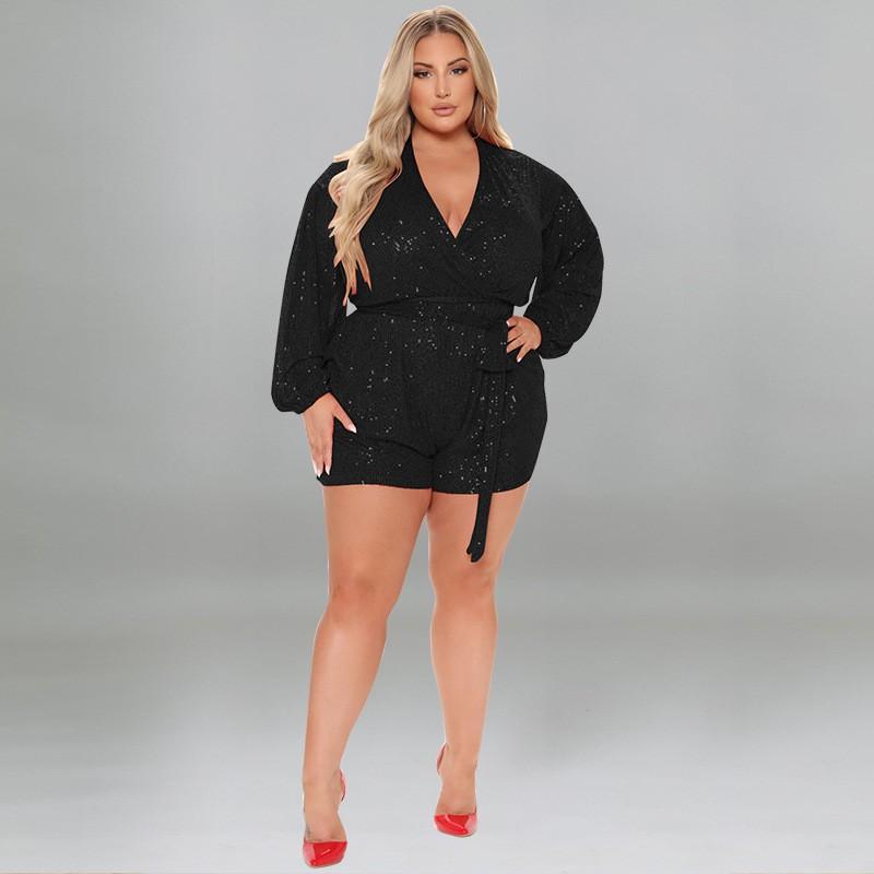 Plus Size Womens Embroidered Sequin Jumpsuit Orange V-Neck Long Sleeve Short Pants Outfit Curvy Ladies