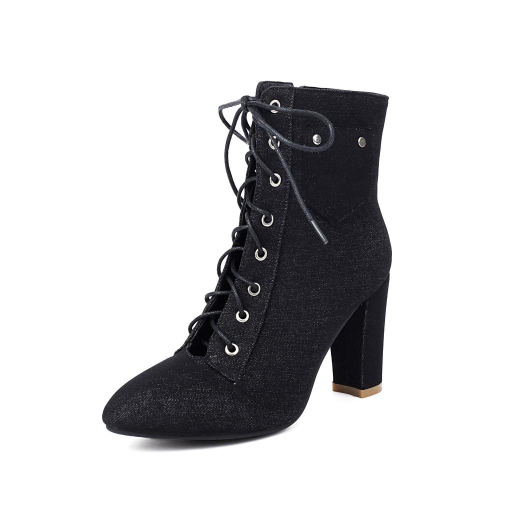 New British cowboy boots lace-up short Martin boots thick high heels plus size shoes boots