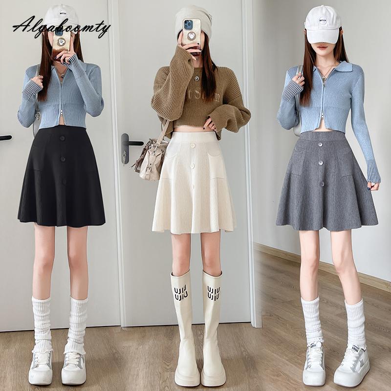Autumn Winter Women Mini Knitting Skirt High Waist Beige Gray Black Knitted Short Skirt Sweet Buttons High Waist Warm Skirt With Pockets