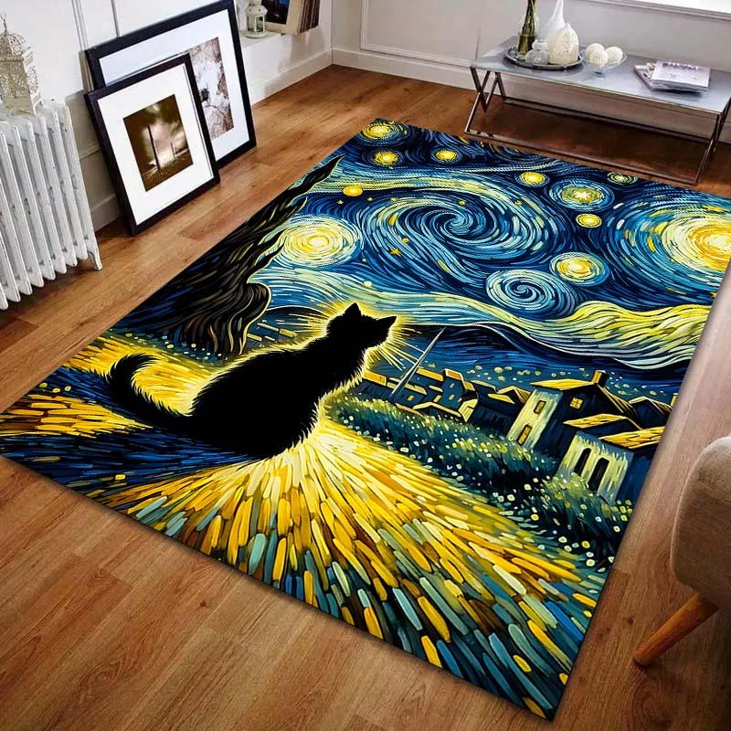 1PC Cat under starry sky Carpet for Living Room Bedroom Sofa Home Decor Rus Non-slip Floor Mat Luxury Gift