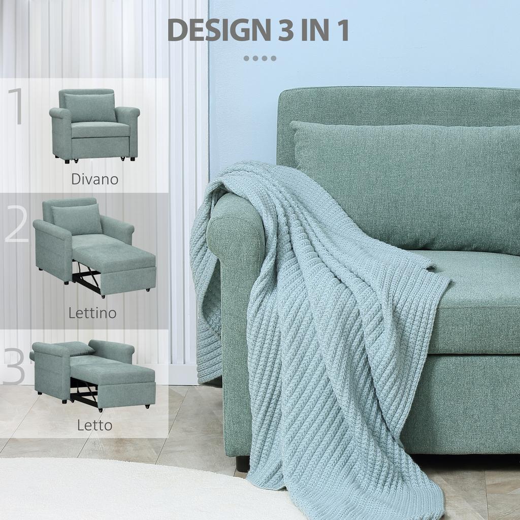 Space-Saving Single Armchair Bed Reclining On 4 Levels with Padded Seat, 96x84.5x87.5cm, Green