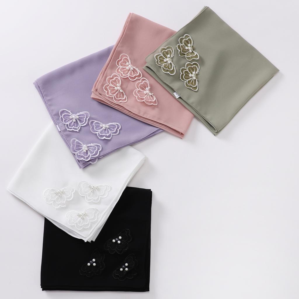 90*90Cm Square Chiffon Hijab Four-Corner Butterfly Bead Pearl Muslim Scarf Scarf Sweet Headscarf Foulard Femme Hijab