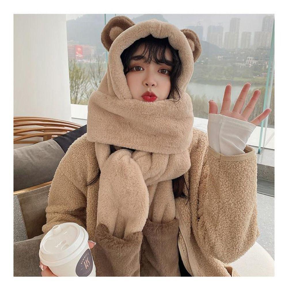 

Cartoon Winter Hooded Scarf Warm Hat Scarf Gloves Set New Bears Ears Plush Hat Women