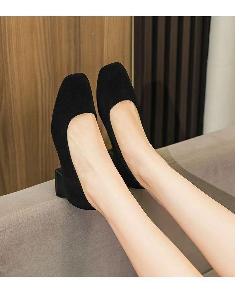 

Single shoes women s shoes spring and autumn shallow mouth versatile cloth shoes one pedal suede rhinestone French black low heel professional 40