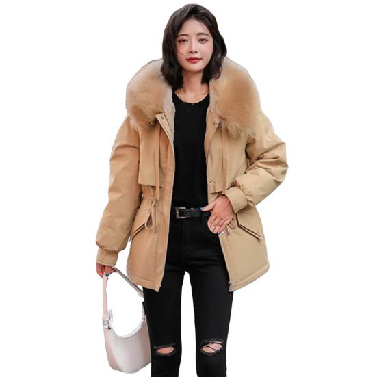 Women Padded Jacket Thickened Plush Lined Coat with Drawstring Waist Winter Warm Puffer