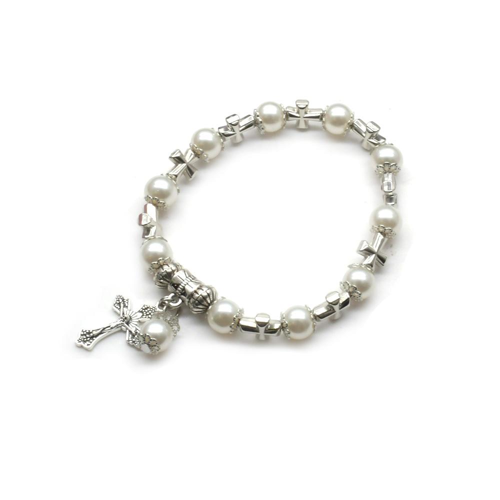 QIGO White Glass Pearl Cross Elastic Rosary Bracelets Religious Zircon For Women