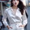 Womens Elegant White Long Sleeve Shirt Loose Fit Casual Office Wear Korean Style Pure Color Top