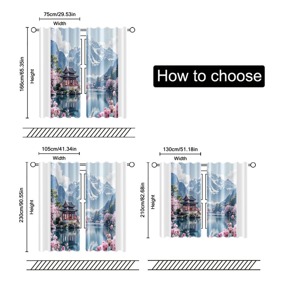 Set Of 2 Filtering Curtains Excluding Rods Non Movable Without Batteries Cherry Blossom Mountain Use Bedrooms Curtain Polyester Ideal For Master