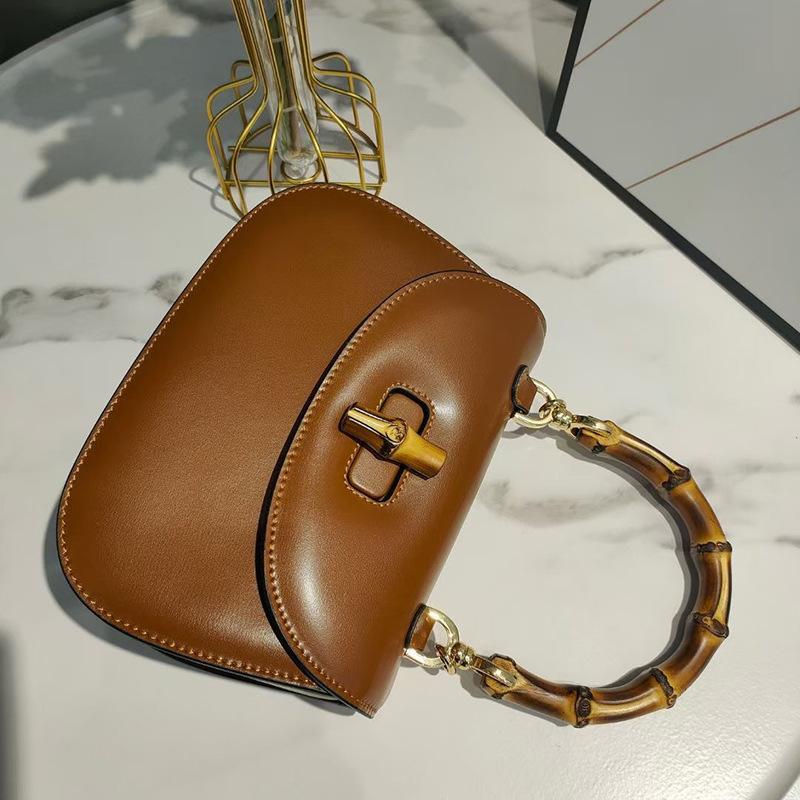 New High-end Messenger Bag Retro Simple Bamboo Bag Leather Fashion Saddle Bag Wide Shoulder Strap Single Shoulder Handbag
