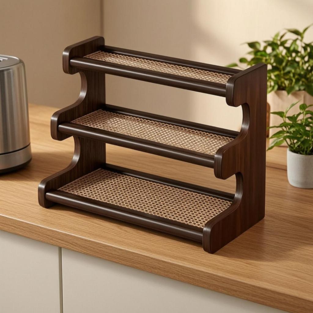 Three-Tier Tabletop Display Rack Compact Wooden Riser Wipe-Friendly