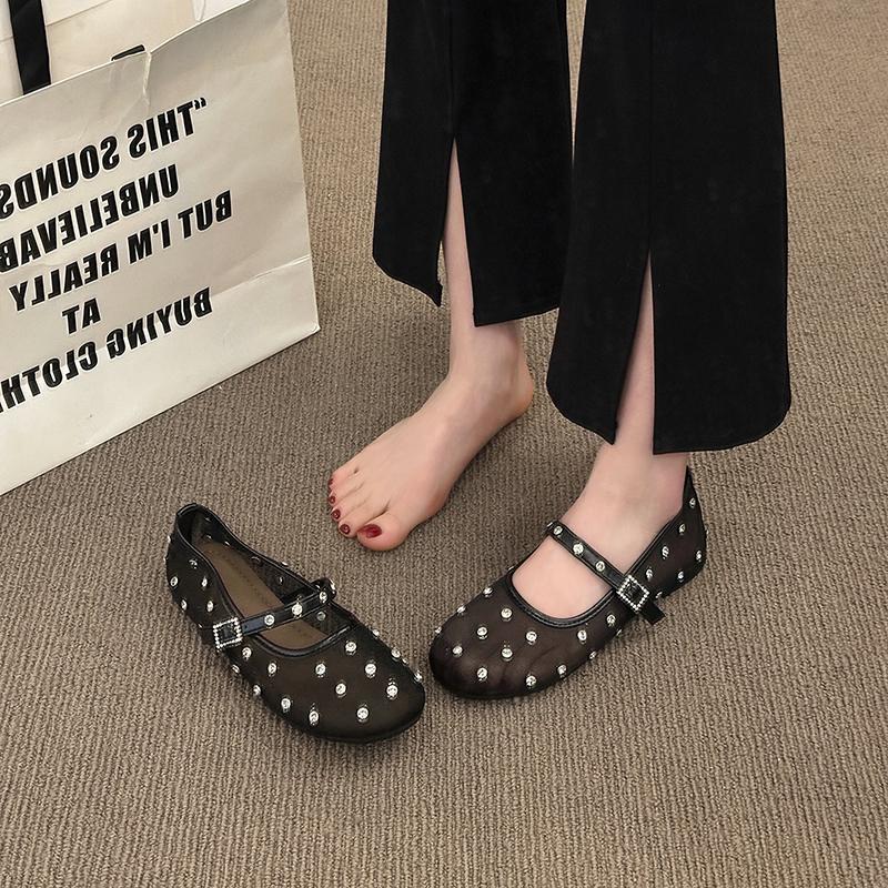 

New Popular Women s Flat Shoes Mesh-edge Upper Rhinestones Soft Soles Shoes Women Dress Breathable Fairy Style Zapatos De Mujer 40 чёрный