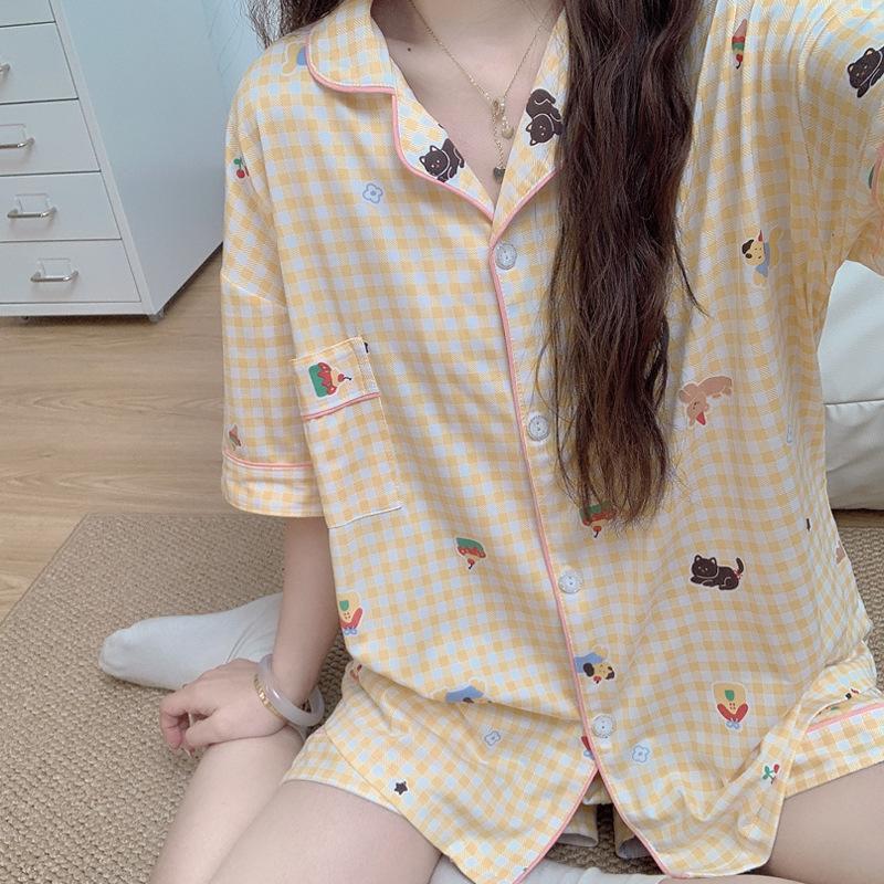 Wind Cartoon Plaid Short-Sleeved Pajamas Women'S Summer Short-Sleeved Shorts Loungewear Two-Piece Set