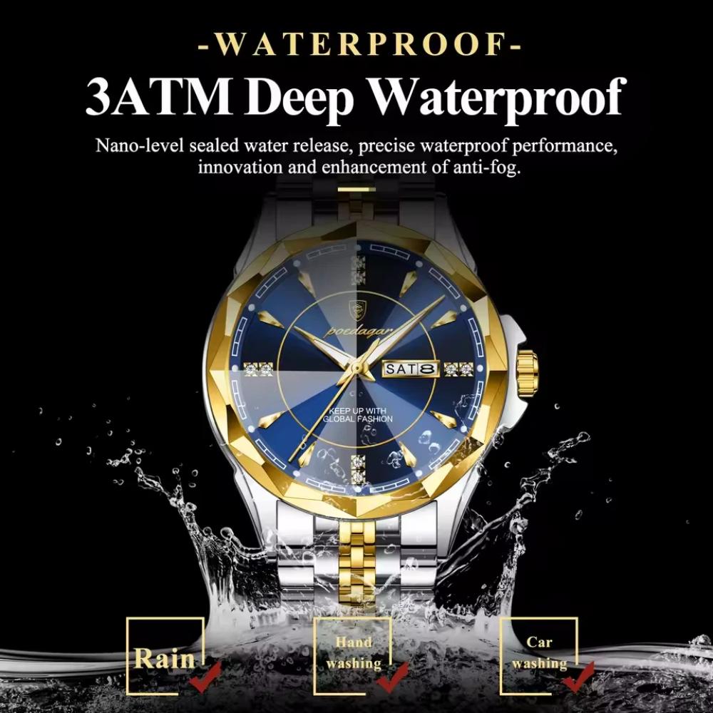 POEDAGAR Top Fashion Man Clock Business Waterproof Luminous Date Week Wristwatch Quartz Stainless Steel Casual Watches