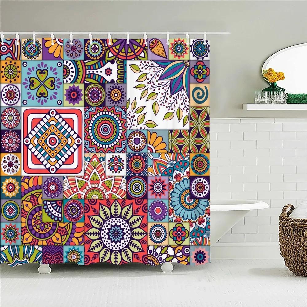 Bohemian 3D Shower Curtain, Indian Mandala Flower Green Blue Chic Color Modern Pattern Bathroom Fabric Home Decor Shower Curtain