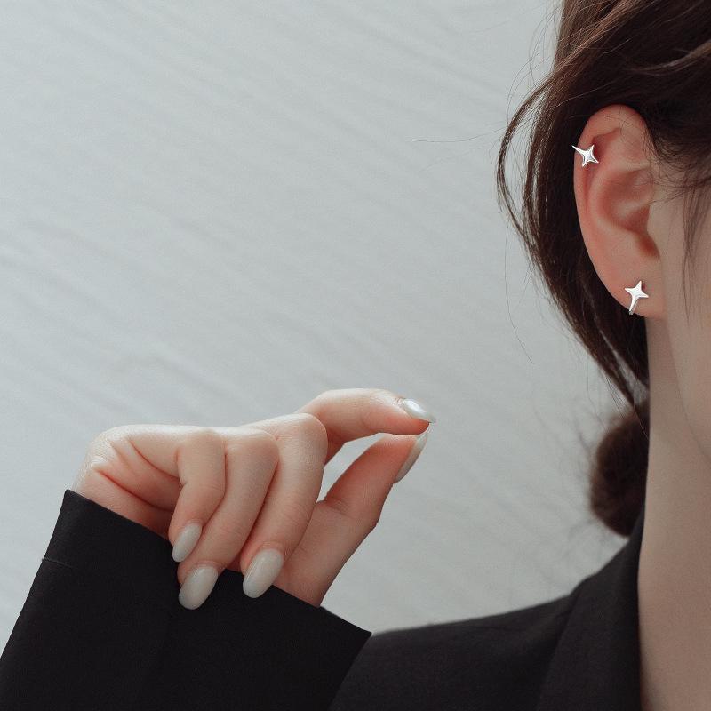 Silver Four-Pointed Star Ear Clips, No Piercing Needed - Simple Design for Women