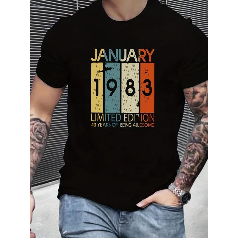 Trendy Color Block JANUARY 1983 Pattern Print Men's T-shirt, Graphic Tee Men's Summer Clothes, Men's Outfits