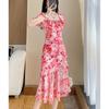 Moda Estiva Scollo Quadrato Stampa Floreale Perline Abito Sirena Femminile Manica Corta Dolce Casual Vestido Donna Volant Abito