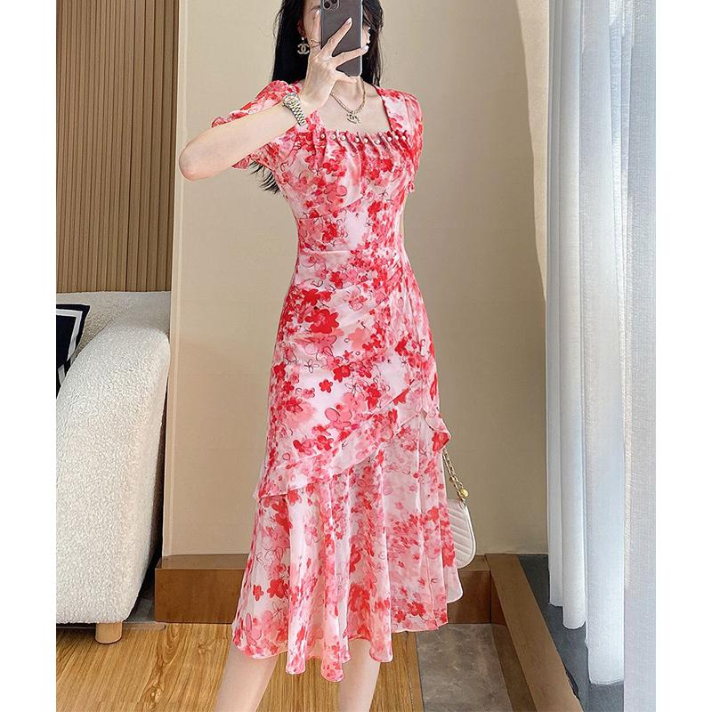 Moda Estiva Scollo Quadrato Stampa Floreale Perline Abito Sirena Femminile Manica Corta Dolce Casual Vestido Donna Volant Abito