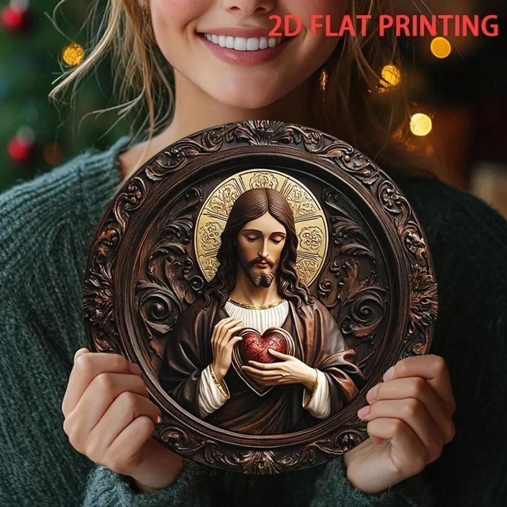 Metal Wall Art Sacred Heart of Jesus Christ Religious Icon for Living Room