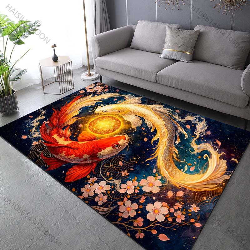 Multiple sizes Red and white koi circling orb Carpet for Living Room Bedroom Sofa Home Decor Rug Non-slip Floor Mat Luxury Gift