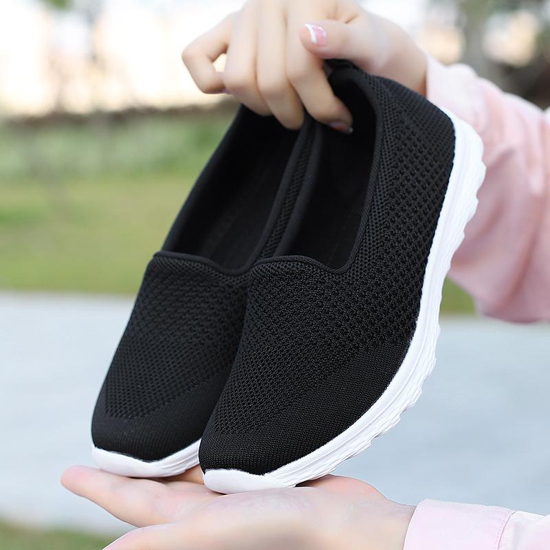 Women's Flying Weaving Shallow Mouth Women's Shoes Casual Breathable Flat Bottom Single Shoes Mesh Four Seasons Shoes Large Size Sleeve Lazy Shoes