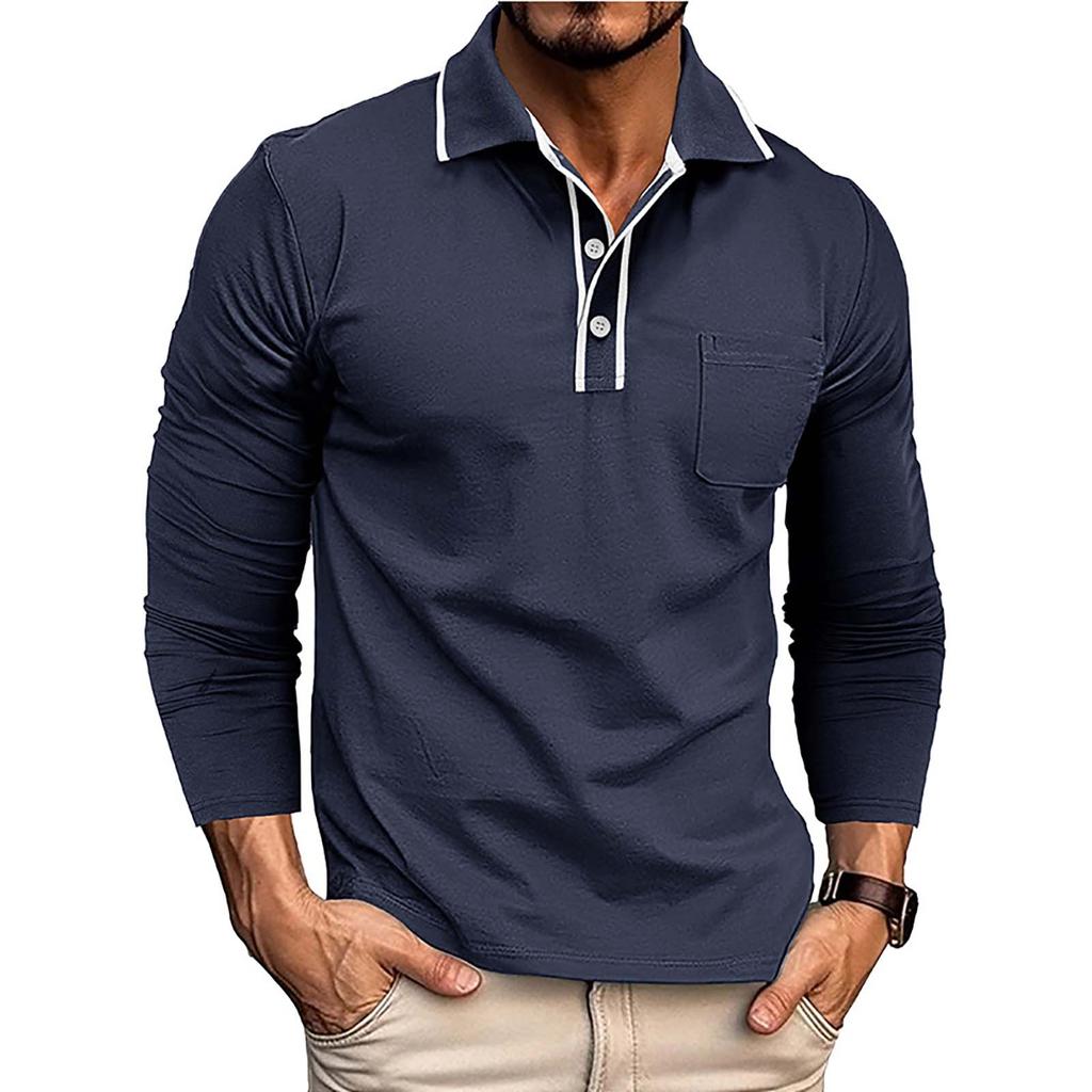 Men's Spring And Solid Color T-shirt Lapel 3 Button Open Placket Button Long Sleeved Top