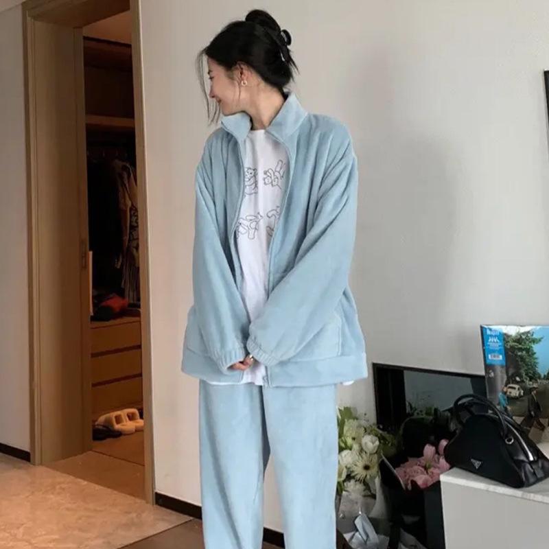 

Фланелевая пижама 320 г женская цвета матча на молнии осенне-зимняя утолщенный коралловый флис теплый комплект домашней одежды XL небесно-голубой