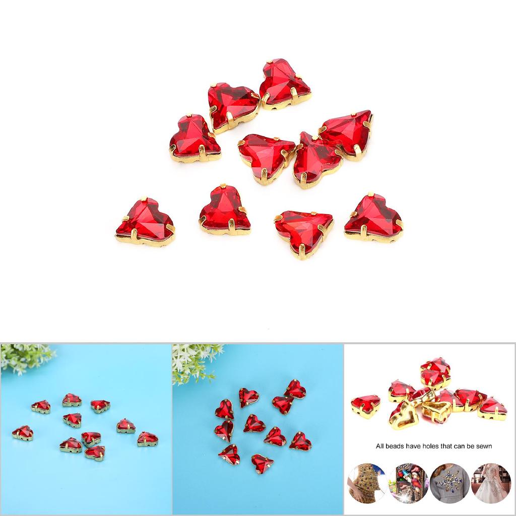 10pcs Red Imitation Crystal Stones Ornament Heart Shaped with Claw DIY Jewelry Clothing Decoration 12 X 13mm