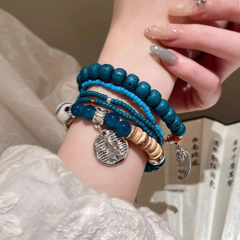 5Pcs Bohemian Multi-Layer Rice Bead Bracelet Wings Pendant Elastic Rope Bracelet Ethnic Style Jewelry