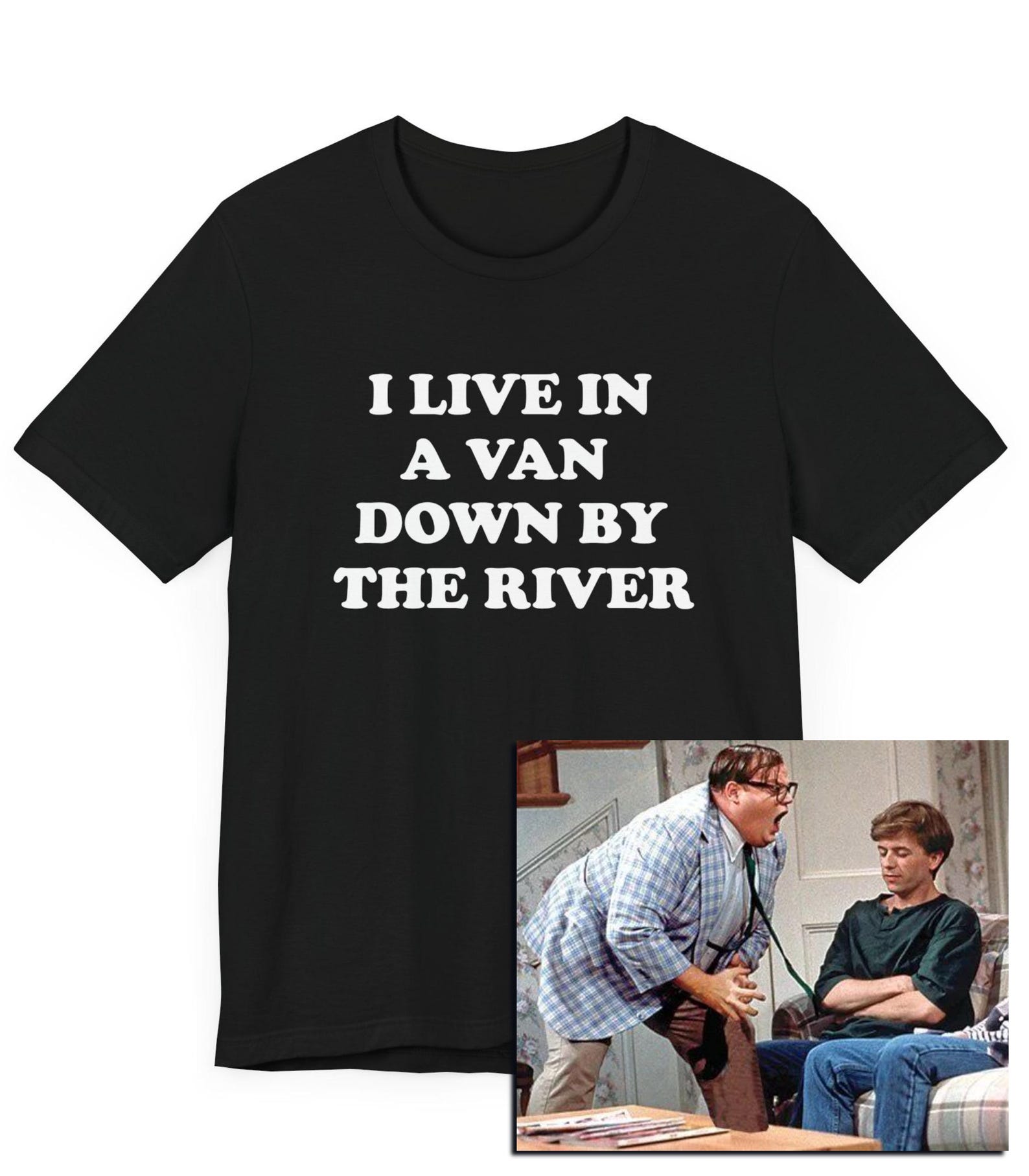 I Live In A Van Down By The River T-Shirt, SNL, Funny Sketch, Sketch Comedy, 90s Gift, Funny 90s, Van Life, Novelty T-Shirt, Travel Life Tee M