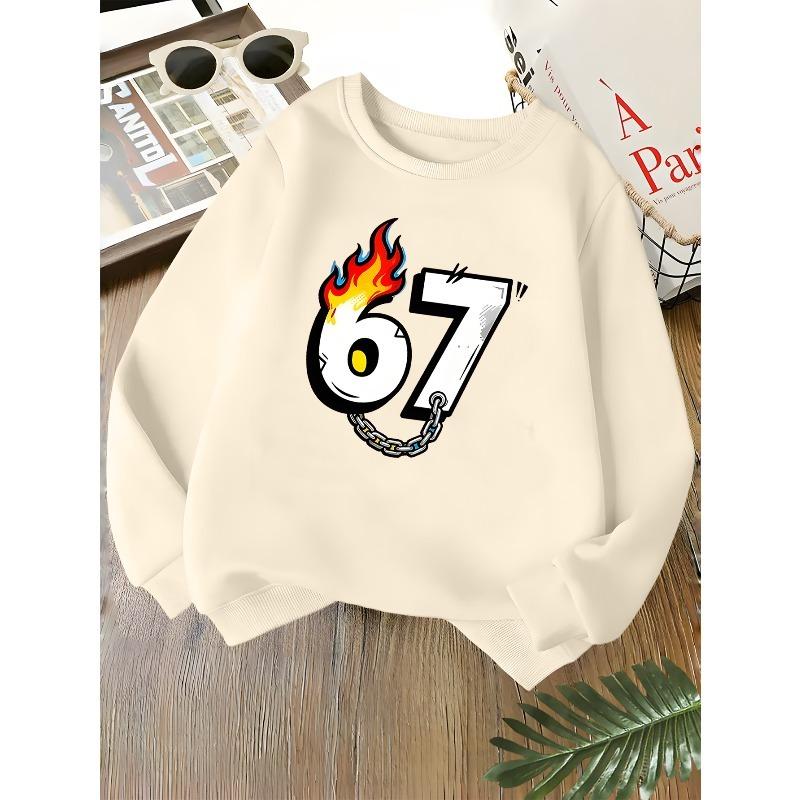 Kids Unisex Crewneck Sweatshirt, Cool Flame Chain Cartoon Number 67 Print Soft Fleece Long Sleeve Pullover For Boys Girls Over 4 Years Old