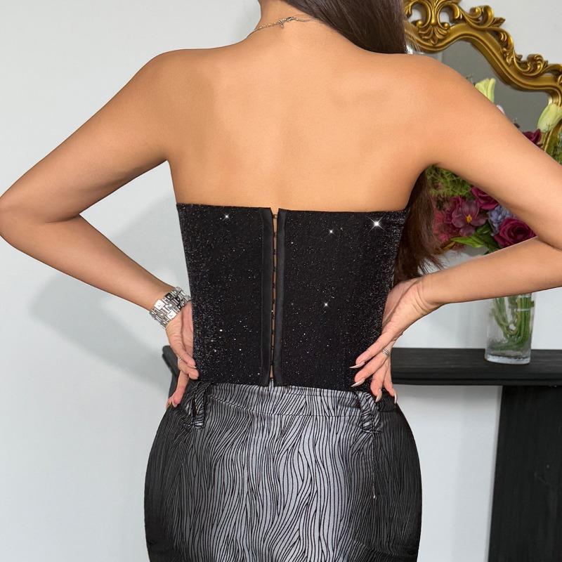Damen Glitzer-Bandeau-Top Clubwear – Funkelndes trägerloses Party-Top mit metallischem futuristischem Glanz, Sexy Ausgeh-Oberteil