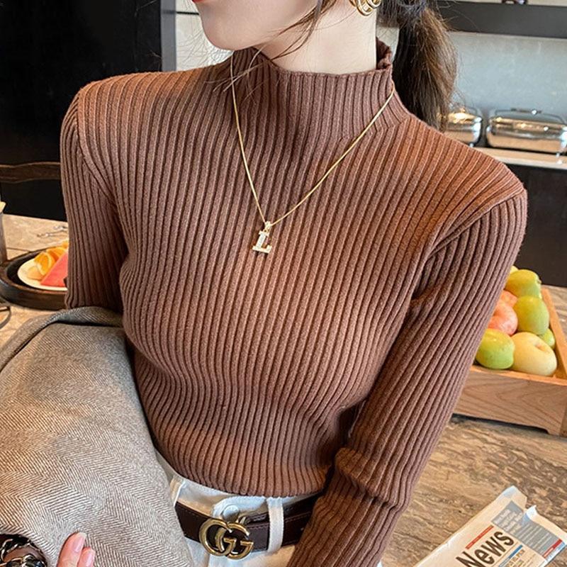 Podzimní a zimní svetr Pletený svetr s polovičním rolákem Dámské Vintage Dlouhý rukáv Spodní Dámské Topy Jumper Pull 22848