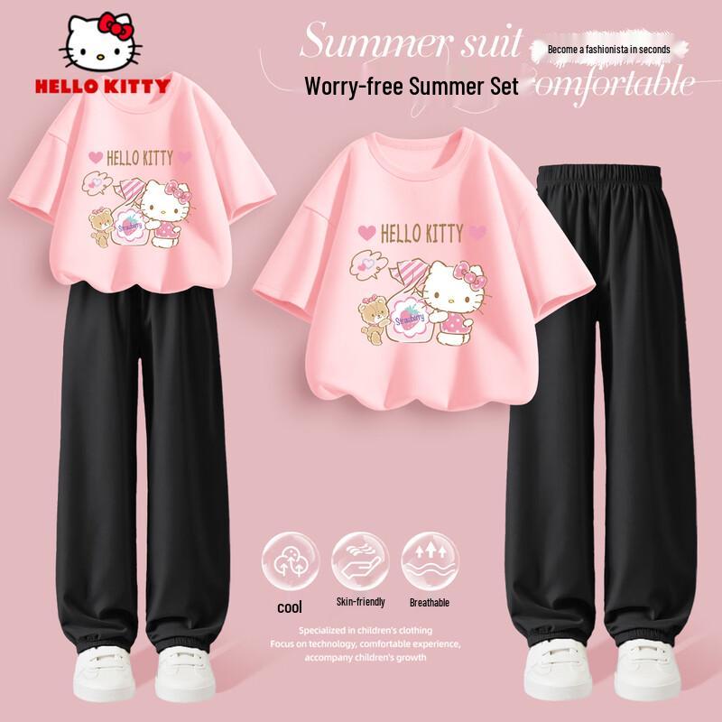 Hello Kitty Girls  Summer Cotton Short Sleeve & Anti-Mosquito Pants Set 110