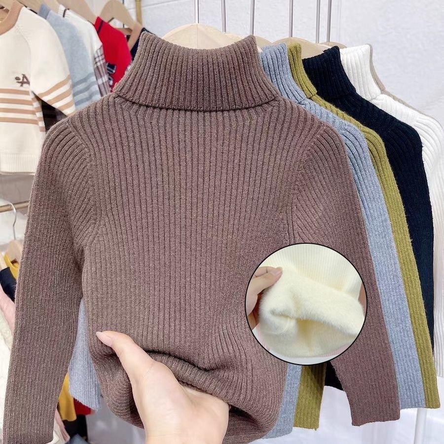 Kids Autumn Winter Thickened Fleece Lined High Neck Knit Sweater Warm Base Layer Top For Toddlers And Children