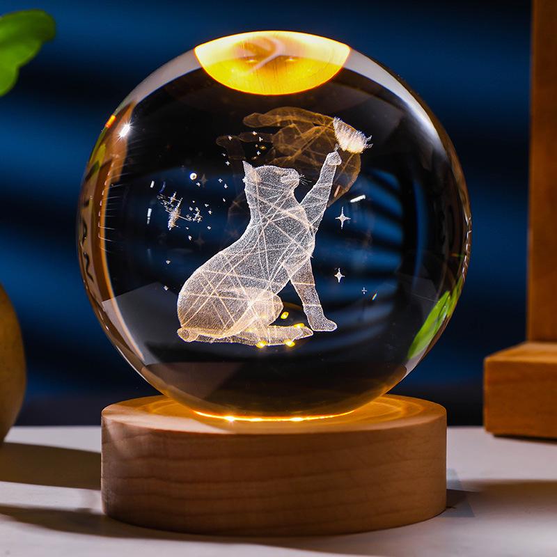 Flickering Crystal Ball Night Light with Engraved Solid Wood Base - Perfect as a Birthday Gift or Creative Graduation Ornament.