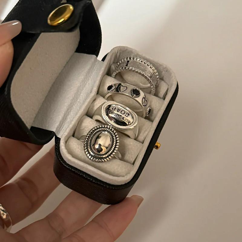 Trendy Open Adjustable Geometric Ring Design With Vintage Heart And Black Zircon Women For