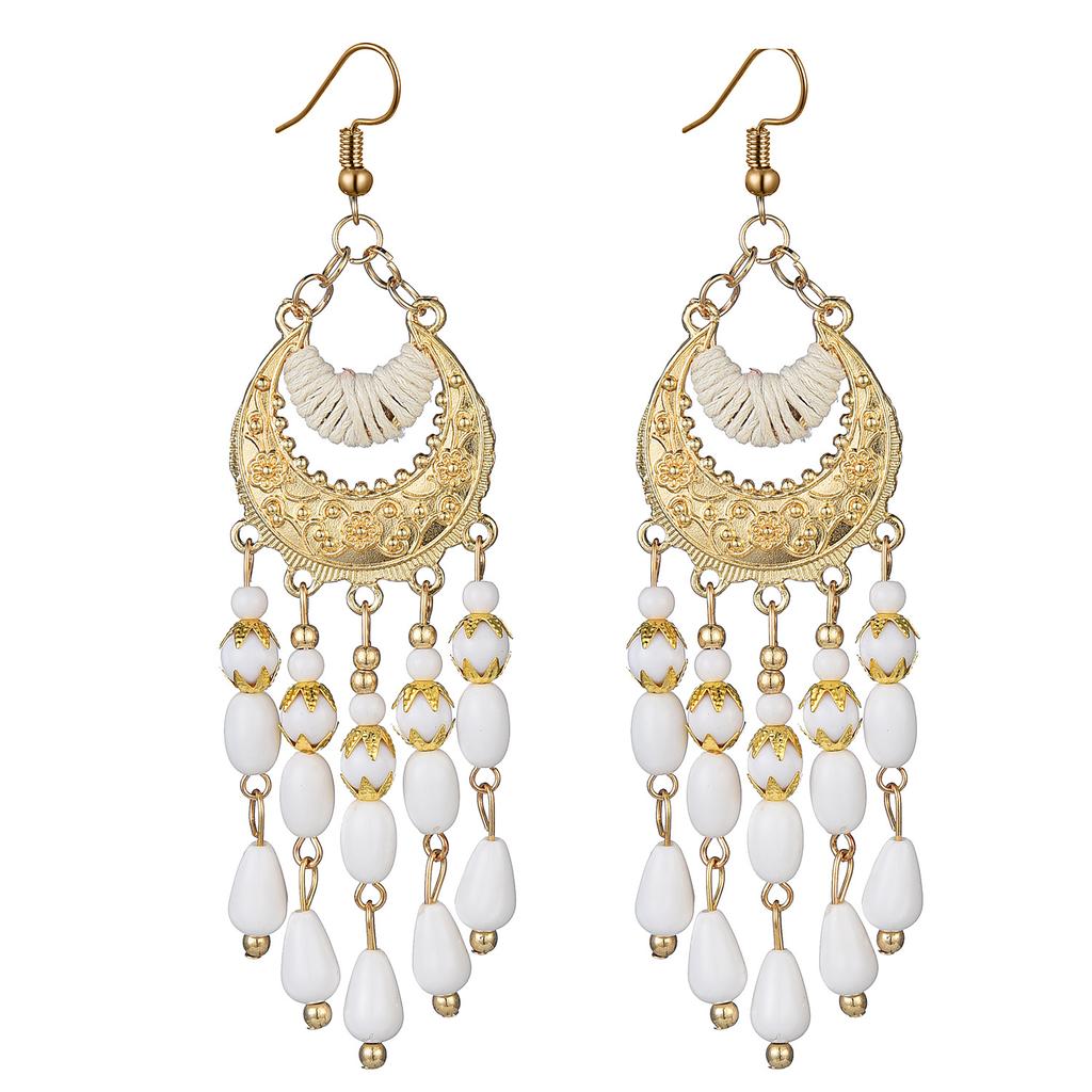Bohemian Round Water Drop Tassel Earrings Jewelry Ethnic Style Hand Woven Hollow Geometric Statement Earrings for Women Girls