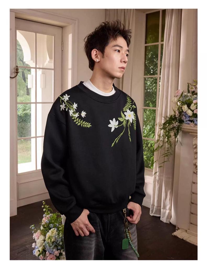 Guochao Men's Winter Velvet Embroidered Hoodie - New Chinese Style Harajuku Round Neck Top