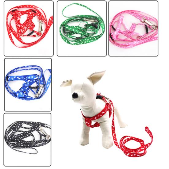 Dog Cat Harness Collar Leash Fashion Bones Paws Print Safety Traction Rope