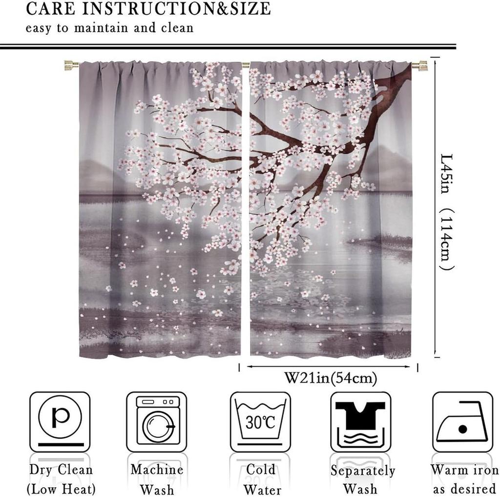 Cherry Blossom Windows Curtains  Japanese Traditional Retro Cherry Blossom  Mountain and Lake Watercolor Landscape Home Decor for
