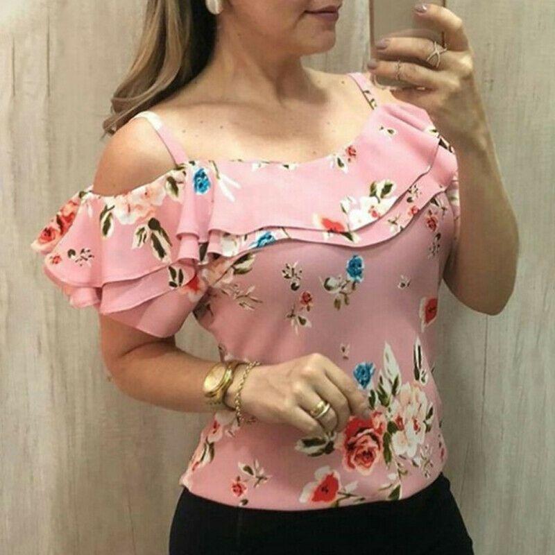 Floral Print Women Cold Shoulder Tops Summer Beach Tank Tops Vest Shirt Blouses