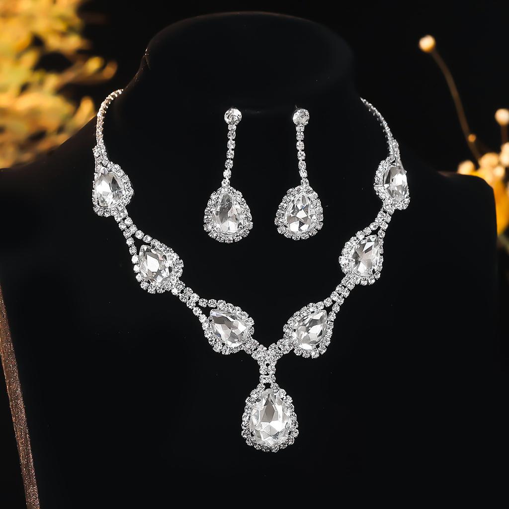 Shiny Diamond Droplet Necklace Earrings Two-piece Set, Versatile Earrings, Bridal Jewelry