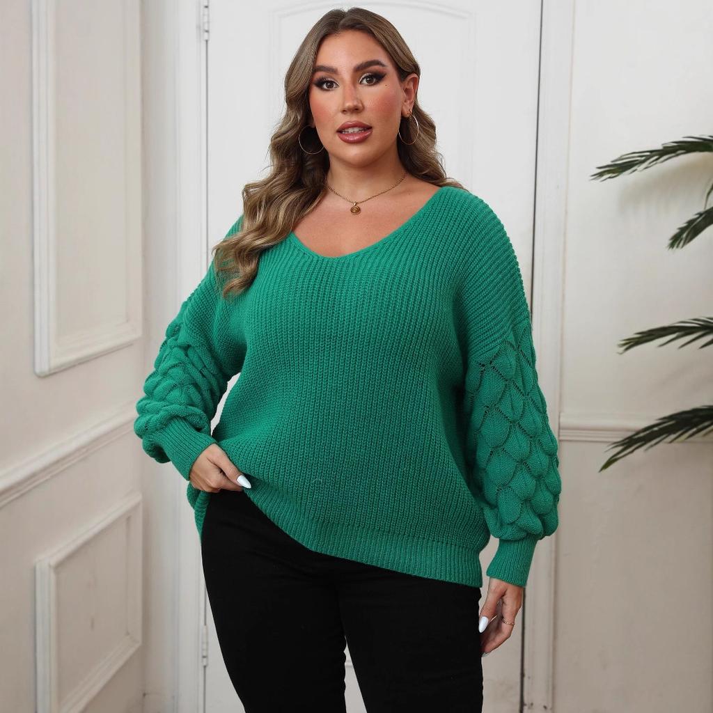 Large-sized Women's Sweater with Pineapple Sleeves and Deep V Patchwork, Casual Pullover Top